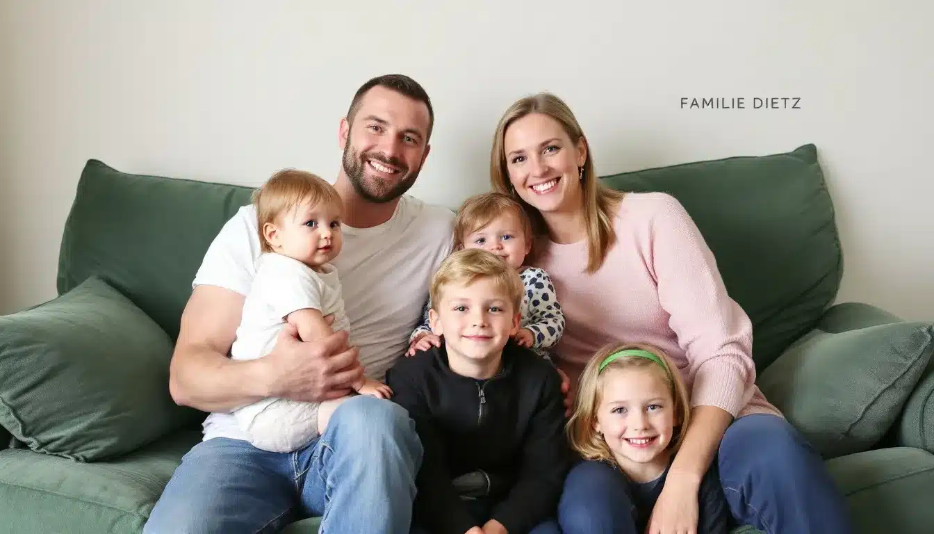 Shari und André Dietz mit ihren Kindern auf dem Sofa