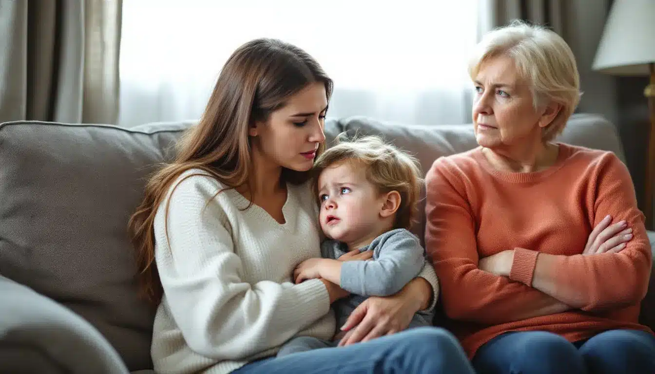 Familie in Sorge: Eine Mutter hält ihr Kind im Arm, während die Großmutter aufmerksam zusieht.