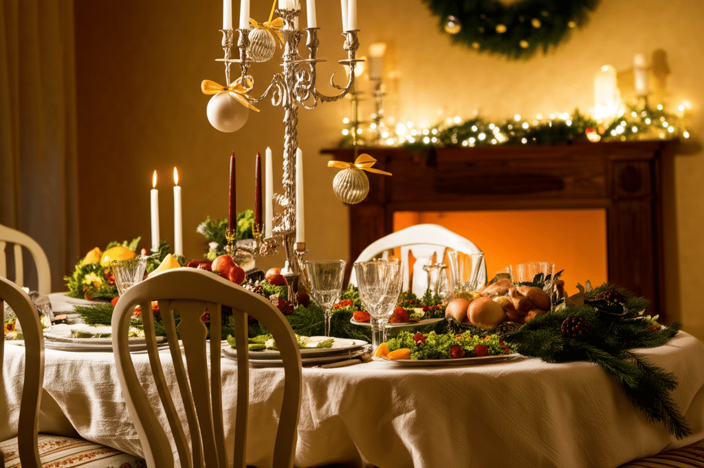 Eine entspannte Familie sitzt am Esstisch und genießt ein leichtes Weihnachtsessen mit viel Gemüse und Obst.