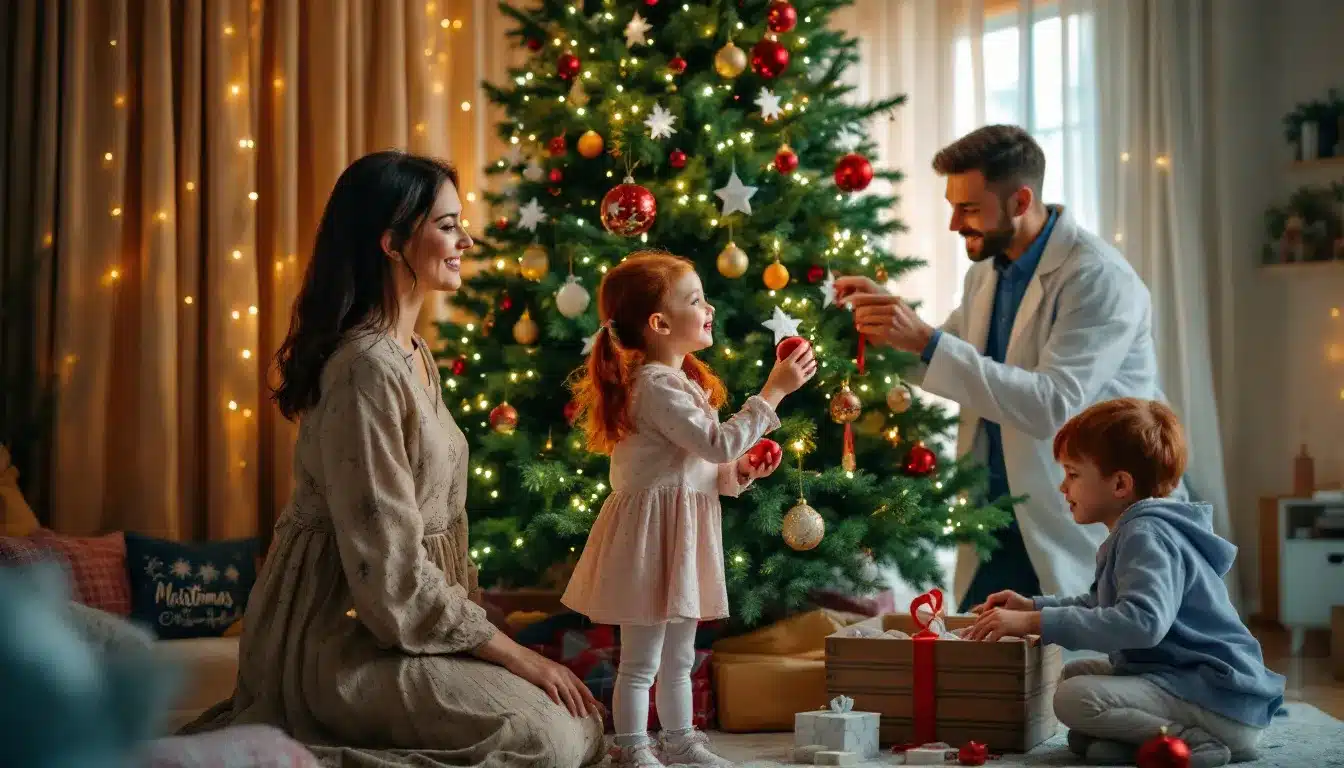 Familie sitzt gemeinsam unter dem Weihnachtsbaum