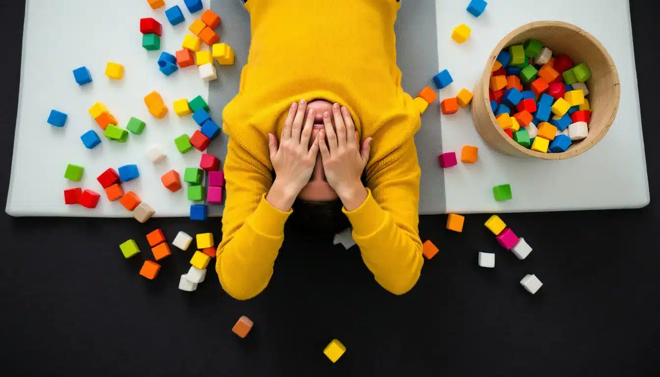 Eine erschöpfte Mutter liegt inmitten von Spielzeug auf dem Boden