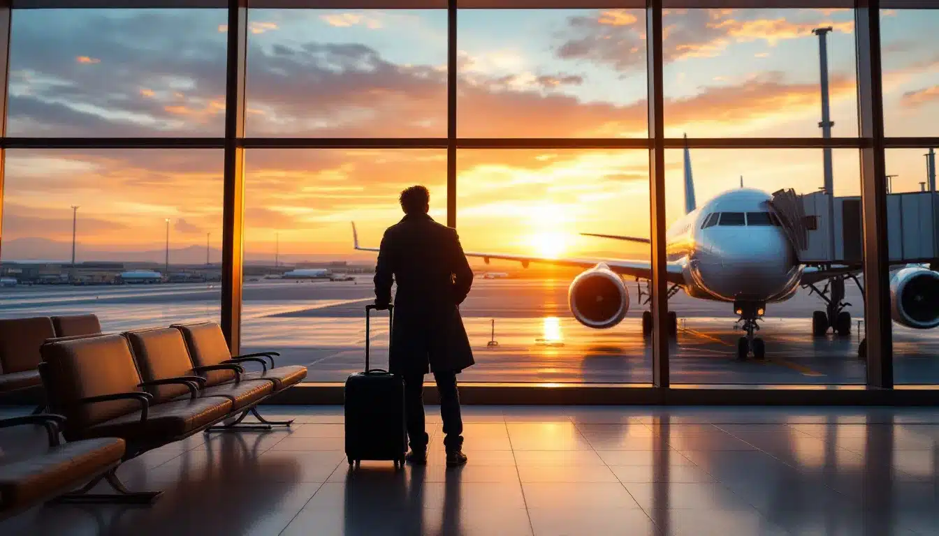 Frau mit Koffer am Flughafen