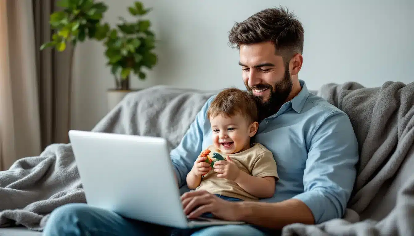 Eine Mutter arbeitet am Laptop, während ihre Kinder im Hintergrund spielen