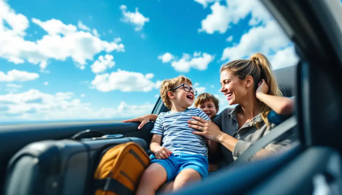 Familie hört Podcast im Auto