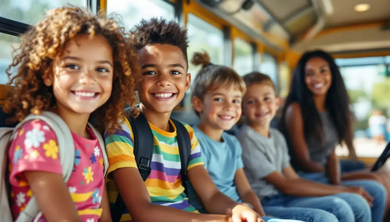 Kinder vor einem gelben Schulbus