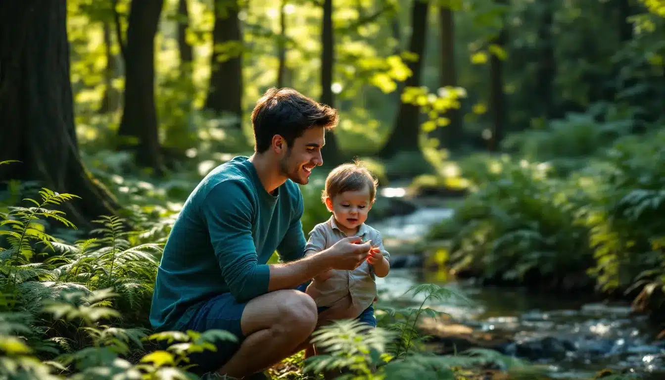 Mann und Kind im Wald