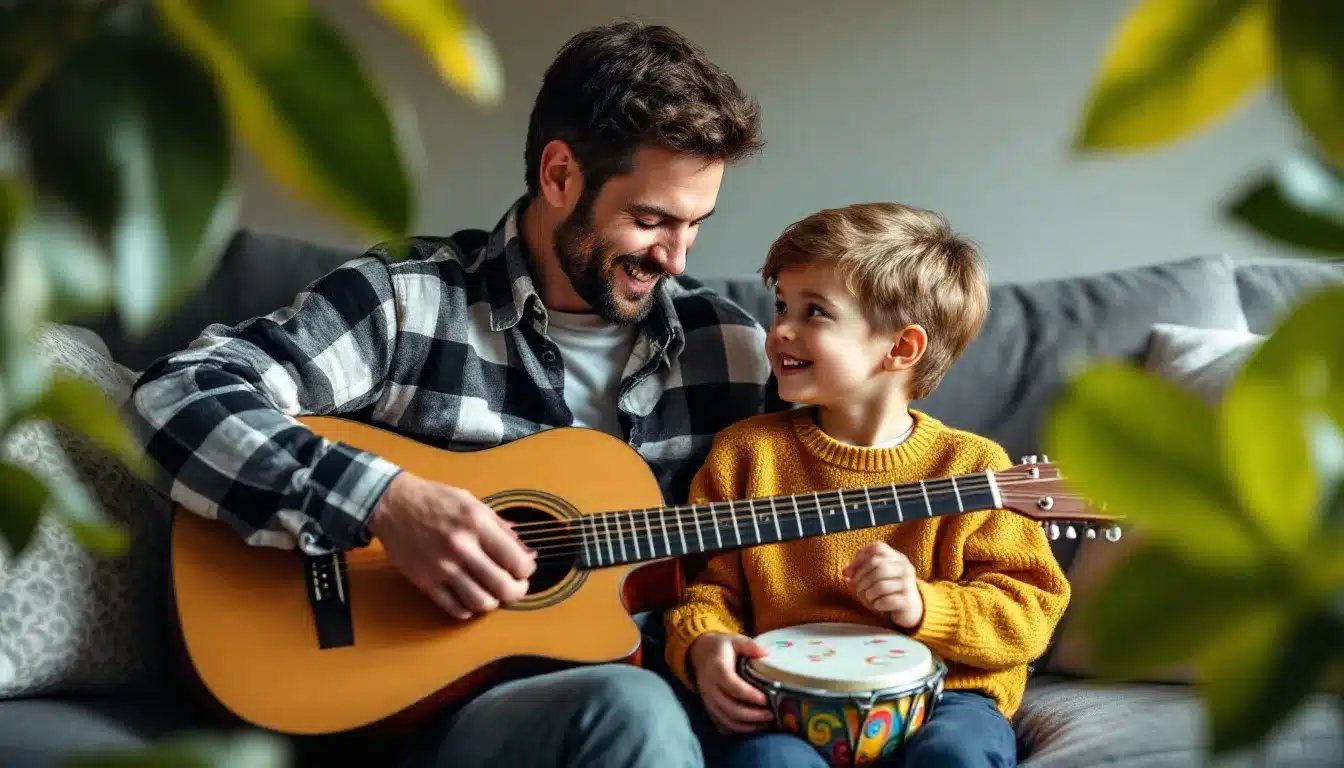Vater spielt Gitarre für sein Kind