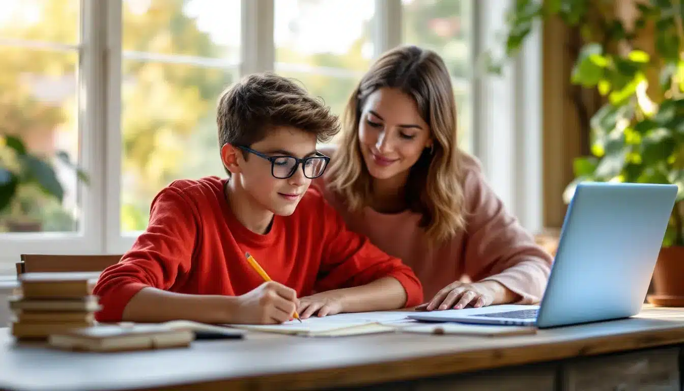 Eine Familie sitzt am Tisch und bespricht Homeschooling-Themen