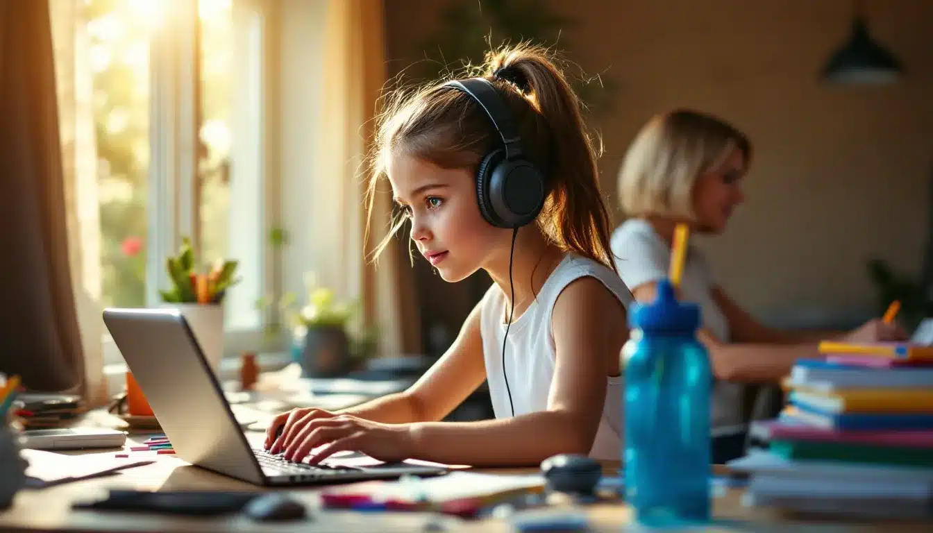 Home-Office-Szene: Kinder lernen remote an Schneetagen.