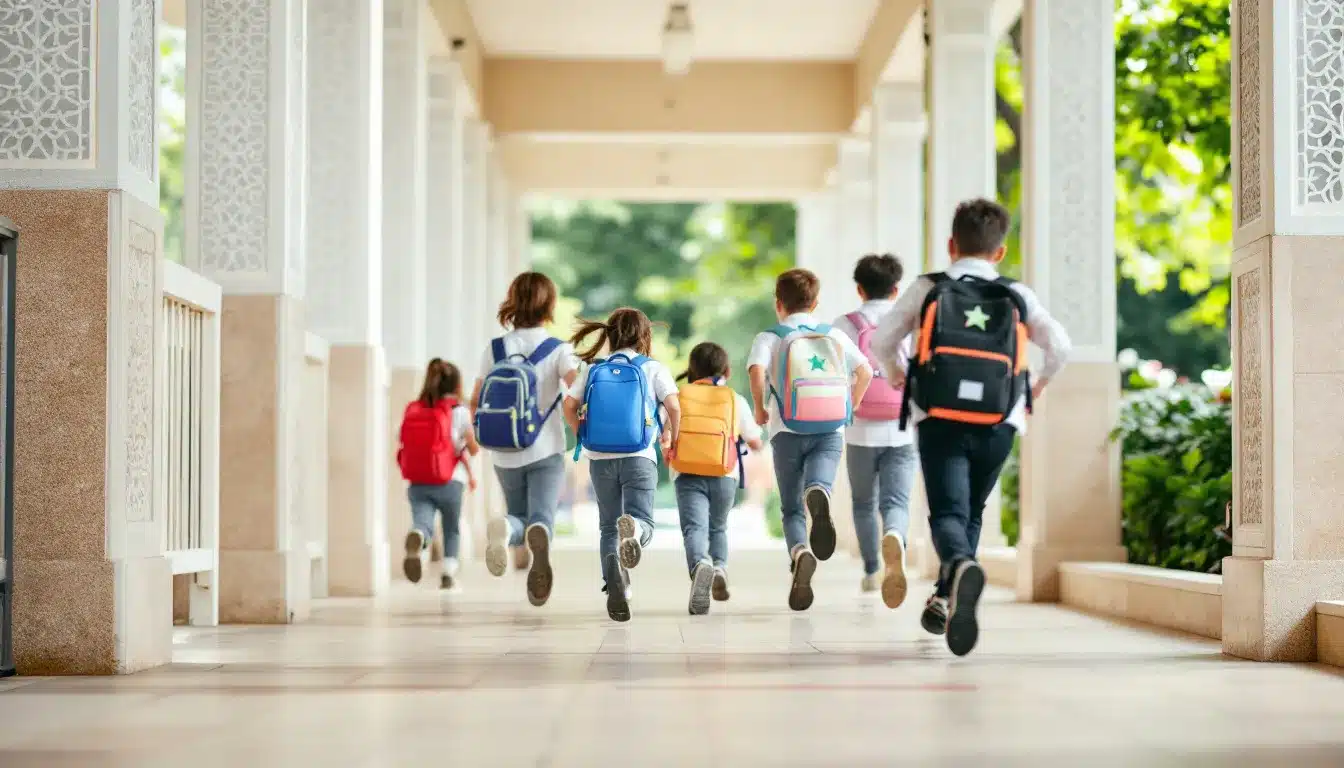 Kinder rennen zum Schulanfang