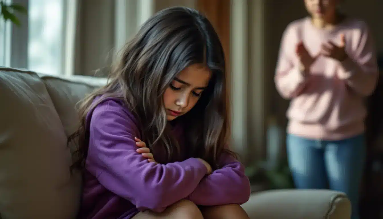 Ein Teenager sitzt genervt im Wohnzimmer, während ein Erwachsener mit ihm spricht.