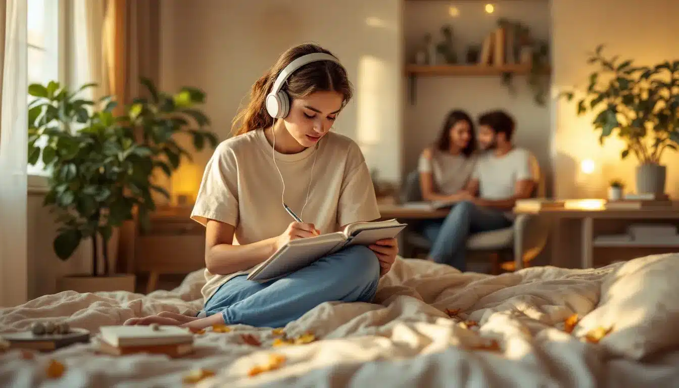 Ein Teenager sitzt an einem Schreibtisch und schreibt in ein Tagebuch. Auf dem Tisch liegen Stifte, Notizen und ein offenes Buch. Das Zimmer ist hell und freundlich eingerichtet.