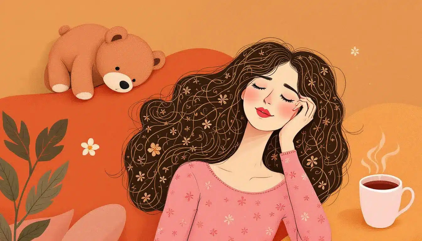 Frau mit langen, welligen Haaren in abstrakter Illustration.