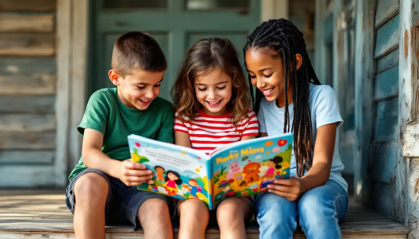 Kinder beim Lesen auf der Veranda