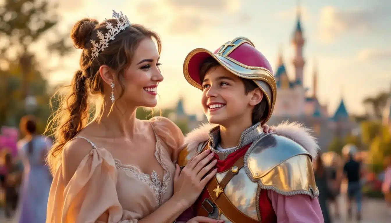 Mädchen im Prinzessinenkleid im Disney-Park