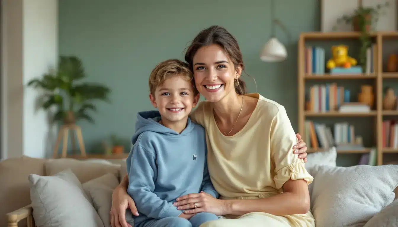 Eine Mutter umarmt ihre Kinder liebevoll.