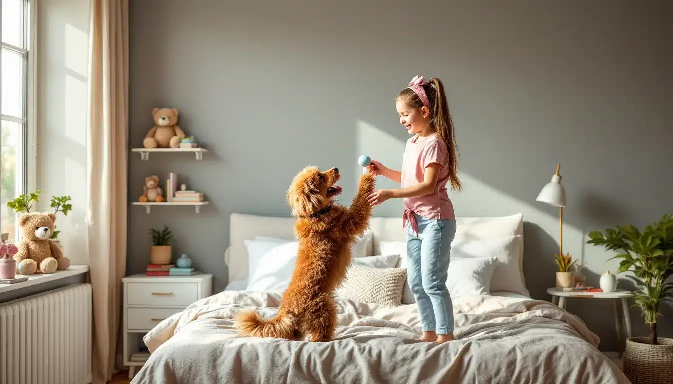Mädchen mit Hund im Kinderzimmer