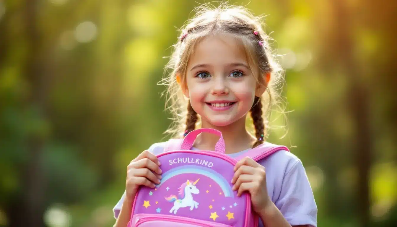 Ein Mädchen mit einem großen Lächeln präsentiert stolz ihren bunten Schulranzen