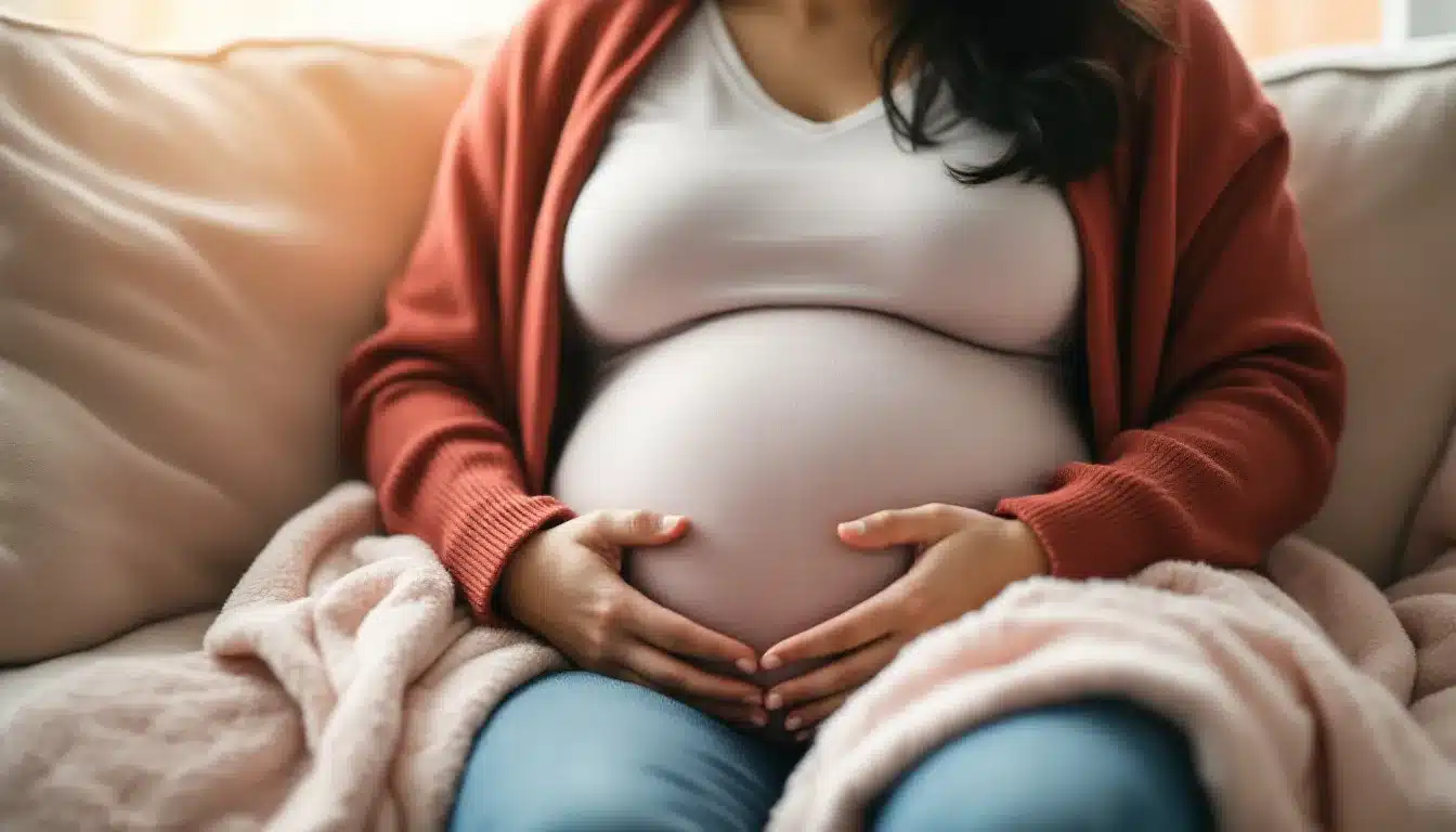 Eine schwangere Frau hält liebevoll ihre Hände auf ihren Bauch.