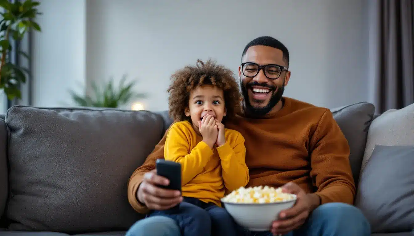 Familie schaut Film auf der Couch