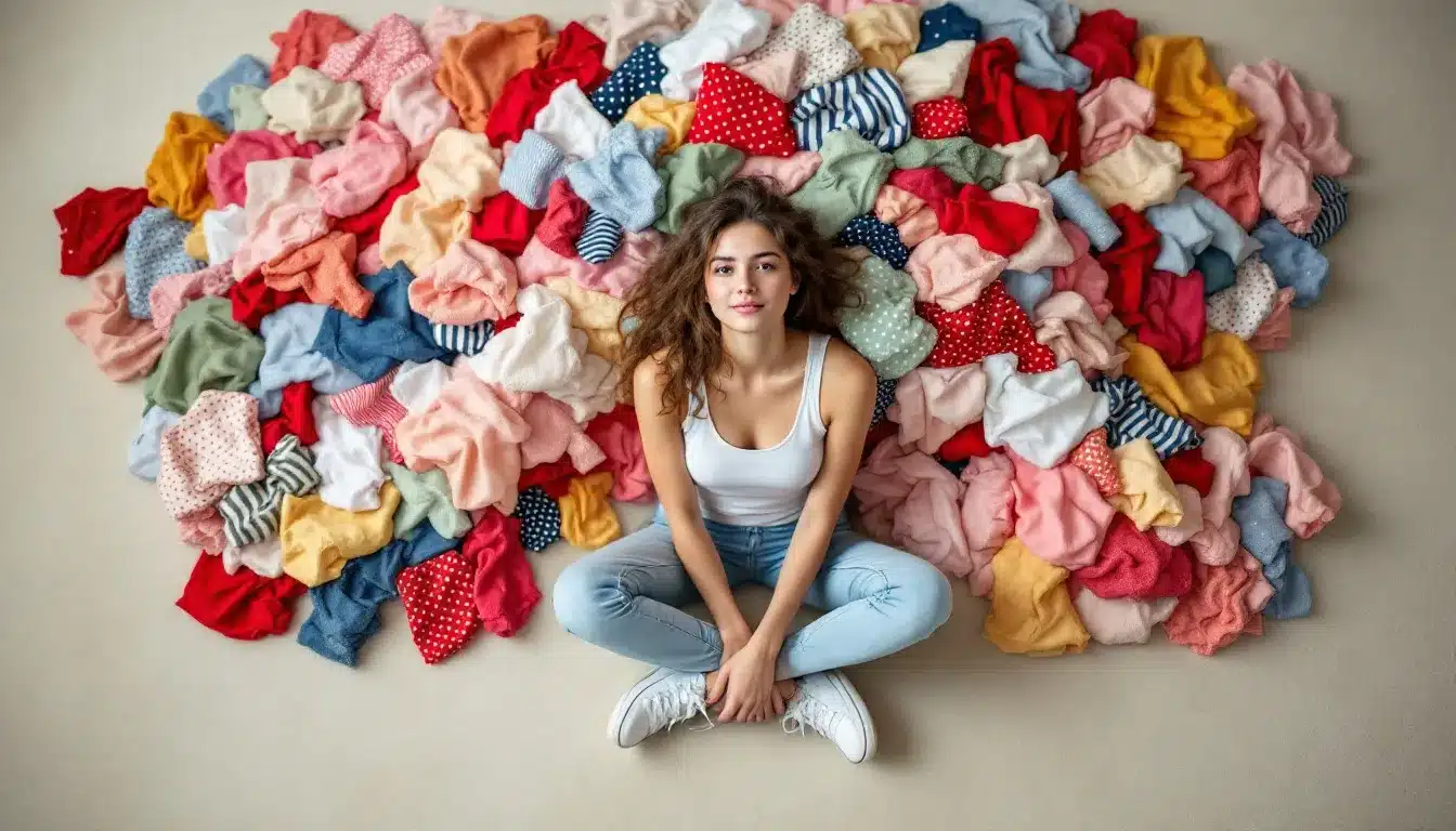 Outfit-Chaos? Nicht mit unseren Tipps! Person im weißen Top sitzt inmitten farbenfroher Kleidung, die zur Organisation inspiriert.