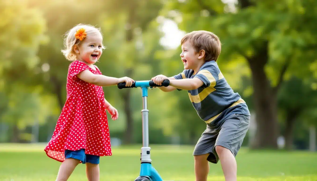 Kinder teilen Spielzeug im Sandkasten