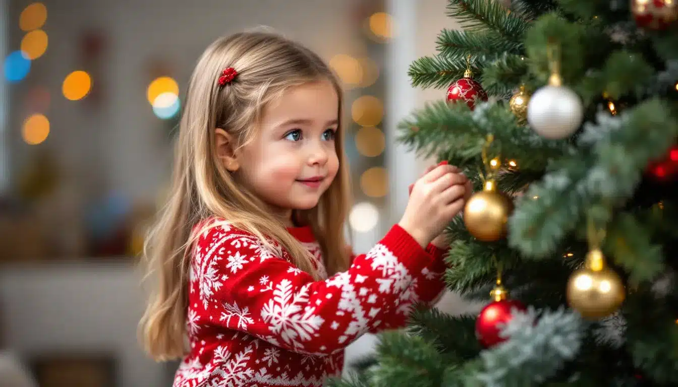 fröhliche Familie schmückt den Weihnachtsbaum
