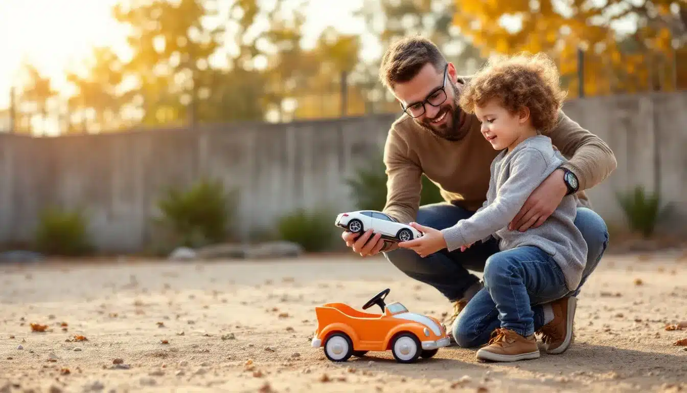 Ein Vater repariert mit seinem Kind ein Spielzeugauto