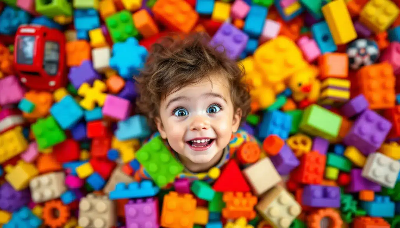 Kind sitzt inmitten einer Spielzeugflut und staunt