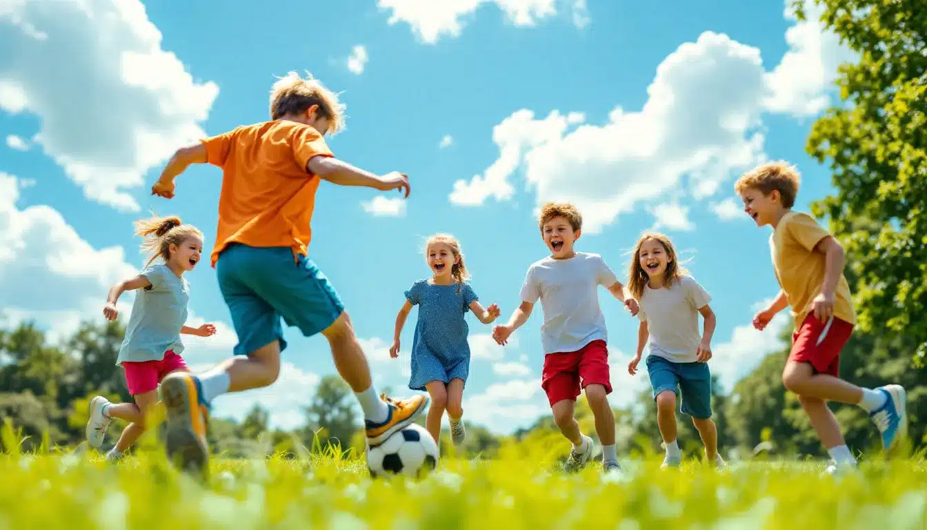 Kinder spielen Fußball im Park