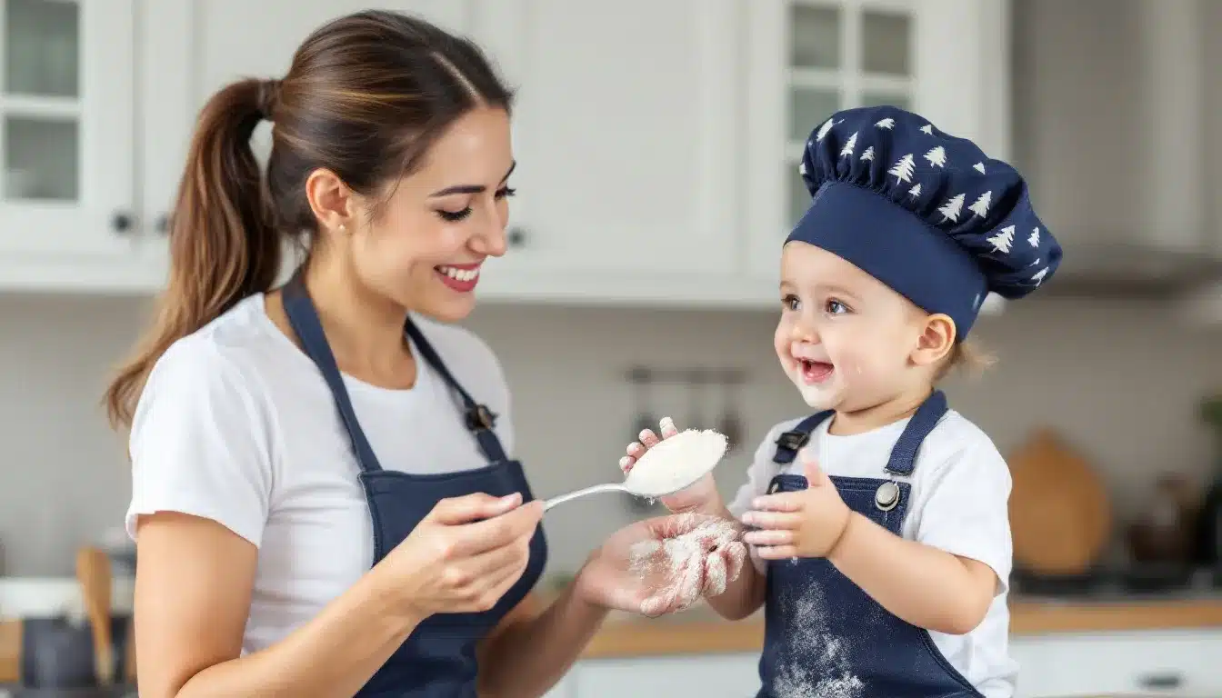 Ein Mutter-Tochter-Gespann beim gemeinsamen Backen, ein Symbol für die Wärme und Verbundenheit, die durch Familienrituale entstehen.