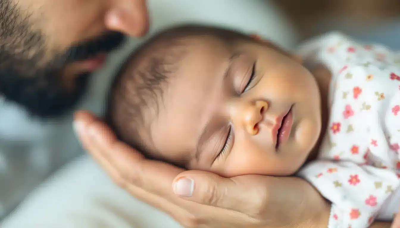 Vater hält sein Baby im Arm und schaut es liebevoll an