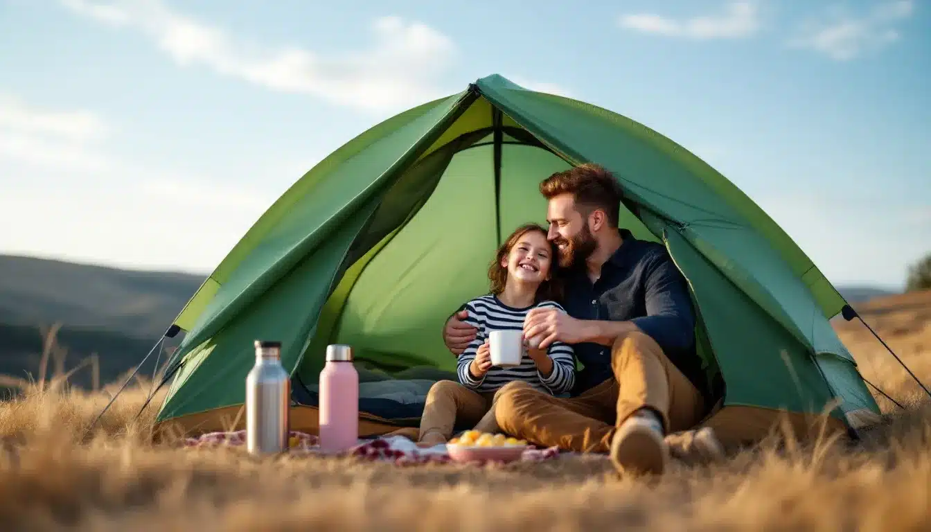 Ein Kind und Erwachsener beim Camping, ein Symbol für Nachhaltigkeit und Familienzeit