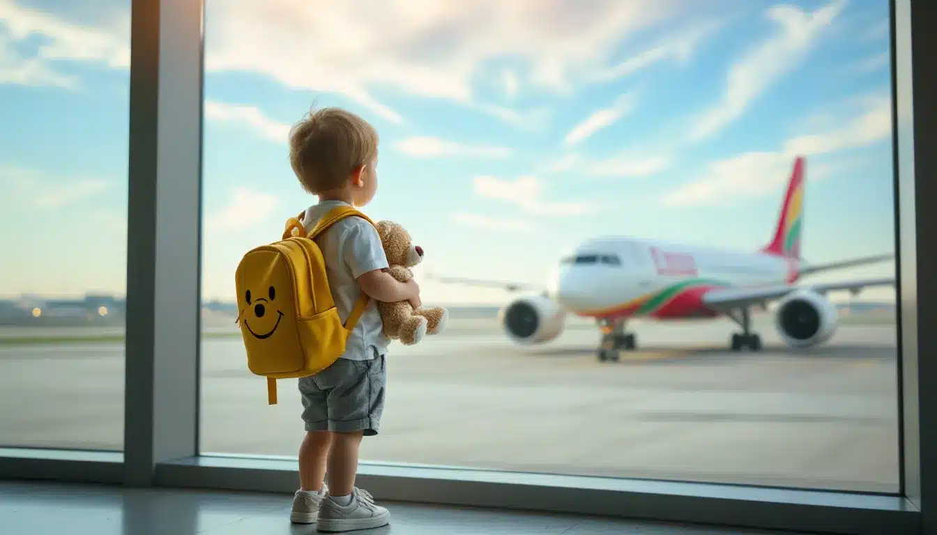 Kind schaut aus dem Fenster eines Flugzeugs