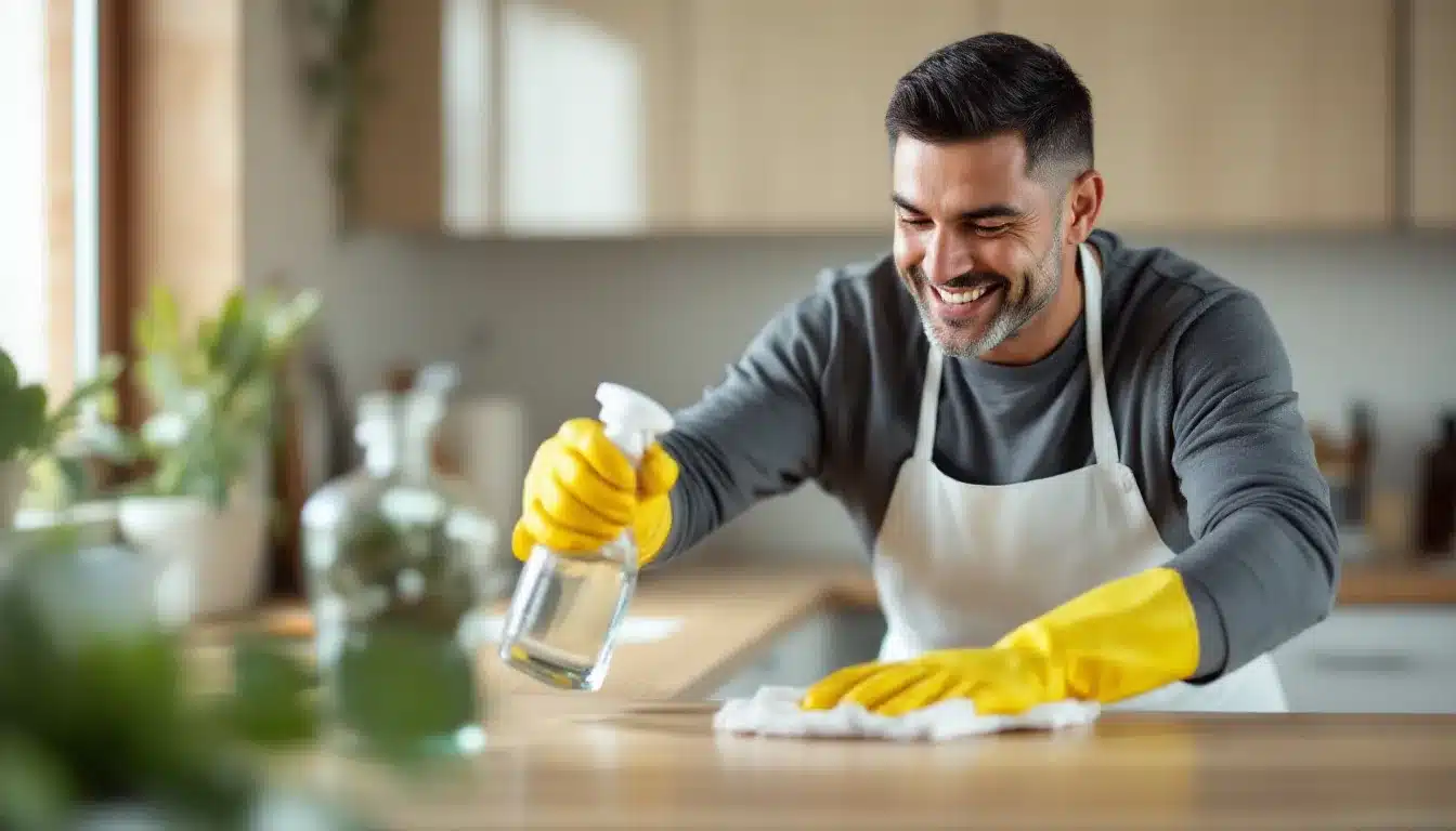 Übermotivierter Mann beim Putzen