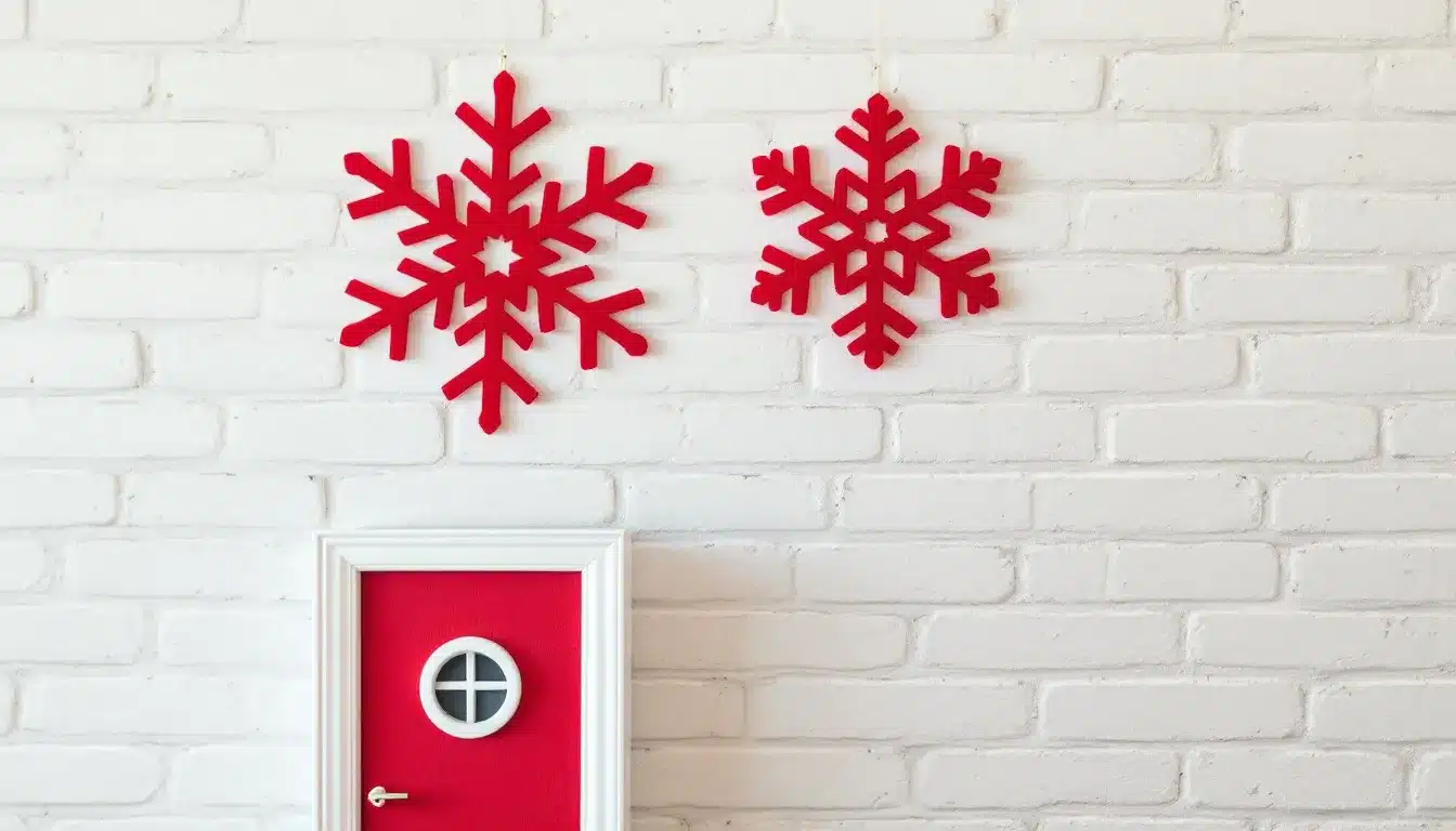 Eine kleine rote Wichteltür mit weihnachtlicher Dekoration