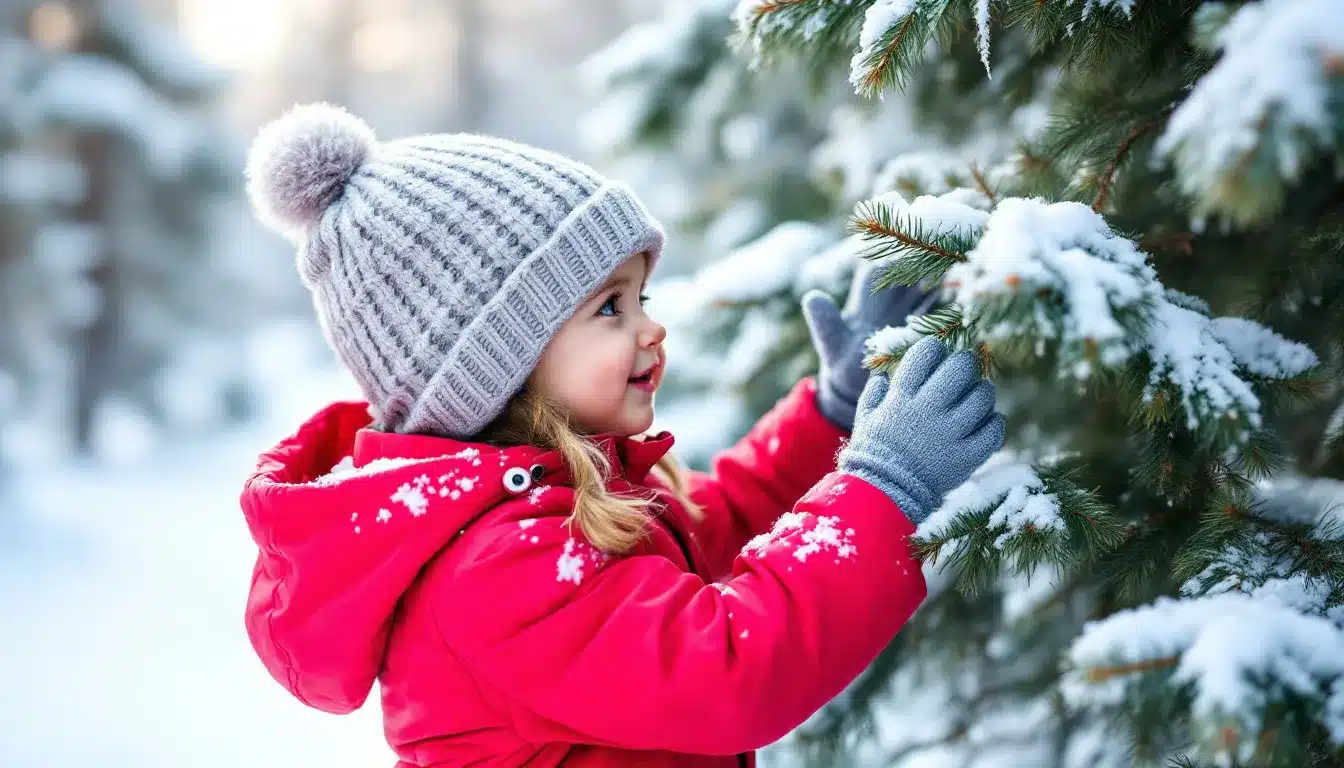 Ein Kind in rotem Schneeanzug berührt einen verschneiten Kiefernzweig