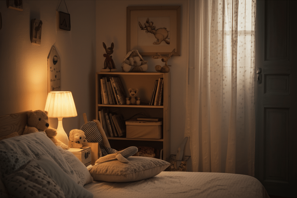 Eine Mutter sitzt am Bett ihres Kindes und liest vor.
