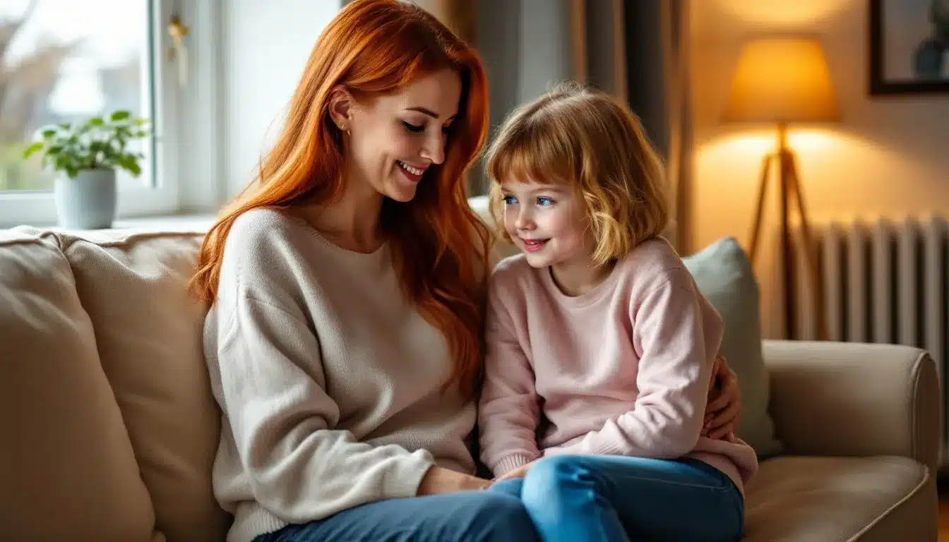 Mutter und Tochter kuscheln auf der Couch