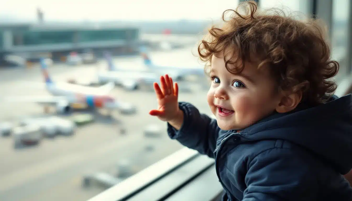 Ein kleines Kind winkt am Fenster eines Flughafens