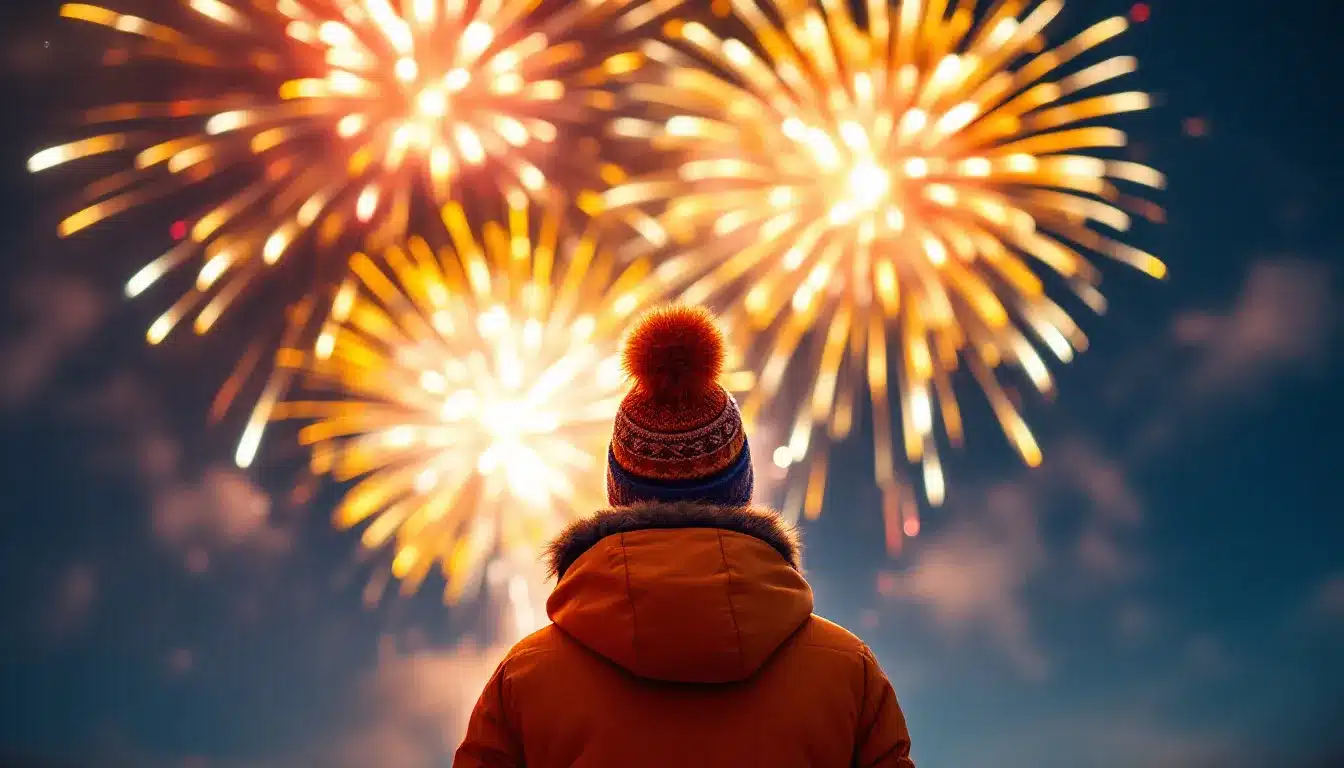 Ein Kind in orangefarbener Jacke schaut auf das Feuerwerk