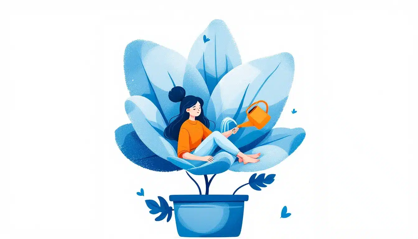 Selbstfürsorge: Eine Frau hegt und pflegt in einer blühenden Blume, Symbol für Wachstum und Aufmerksamkeit.