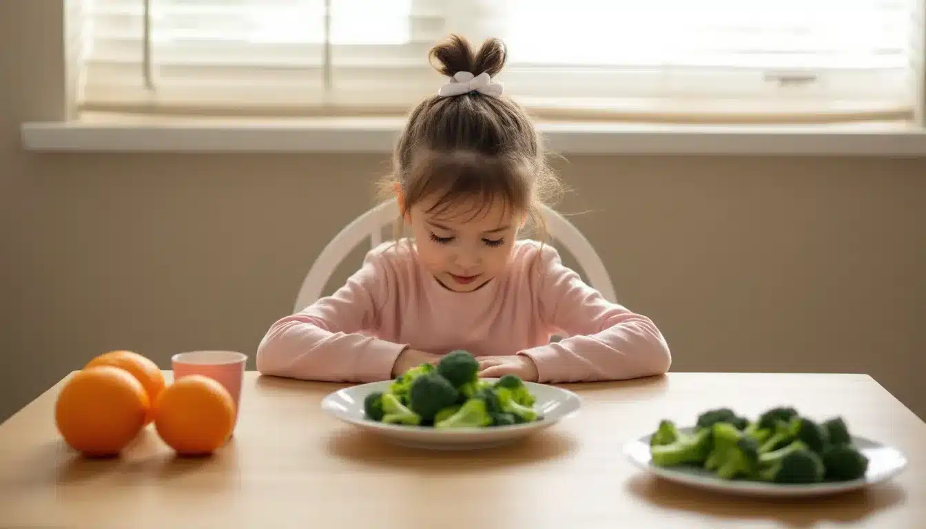Gesunde Ernährung von Kindern: Ein Mädchen genießt Brokkoli, während die Eltern-Mythen hinterfragt werden.