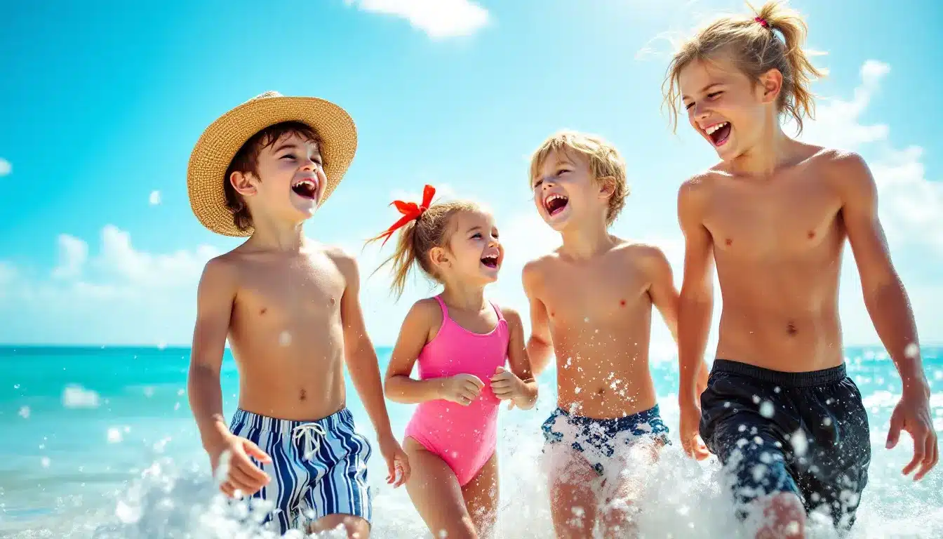 Kinder spielen am Strand