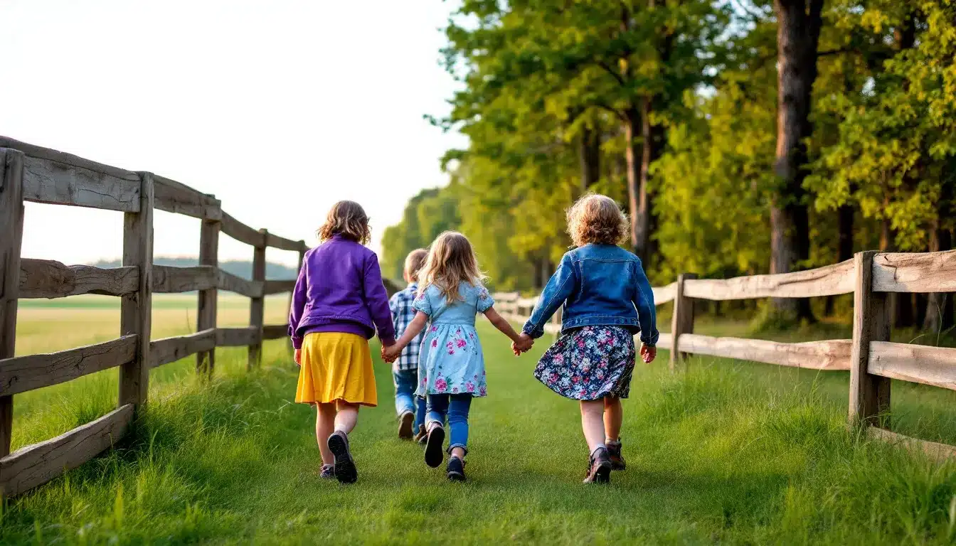 Unbeschwerte Kindheit: Ein Spaziergang durch die Natur, der Zusammenhalt und Abenteuerlust symbolisiert.