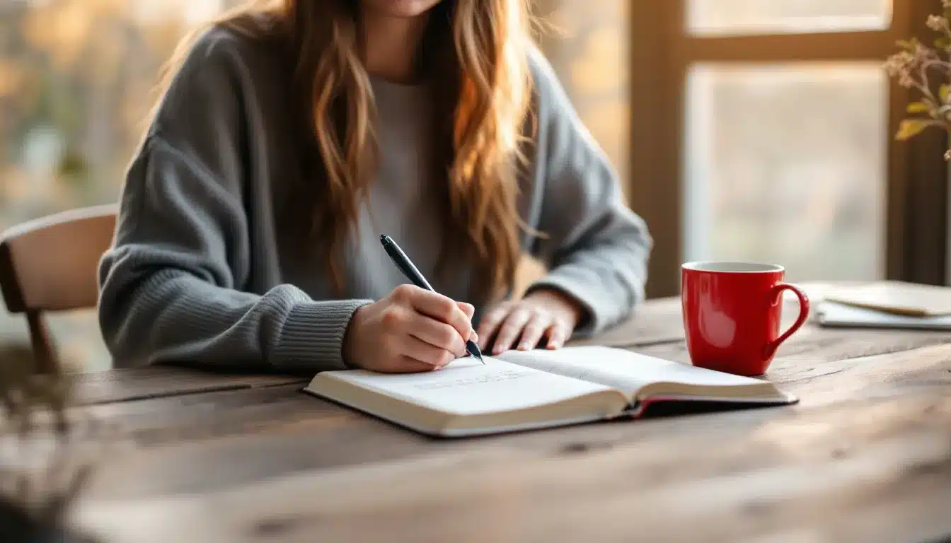 Eine Frau sitzt an einem Schreibtisch und macht Notizen in einem Notizbuch. Eine Tasse Kaffee steht neben ihr.