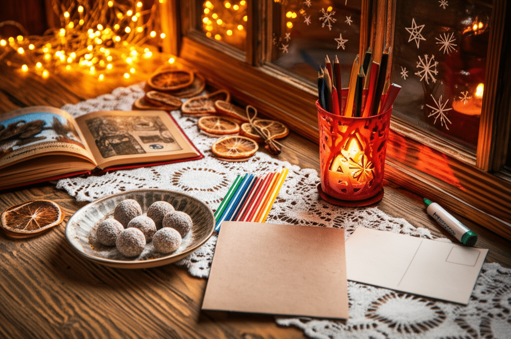 Familie verbringt einen gemütlichen Abend zu Hause in der Vorweihnachtszeit.