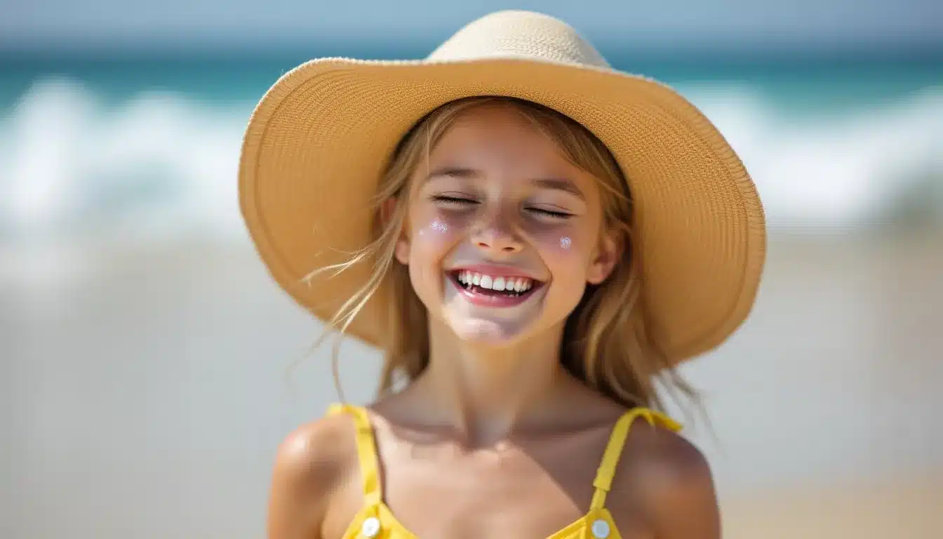 Mädchen am Strand mit Sonnenhut