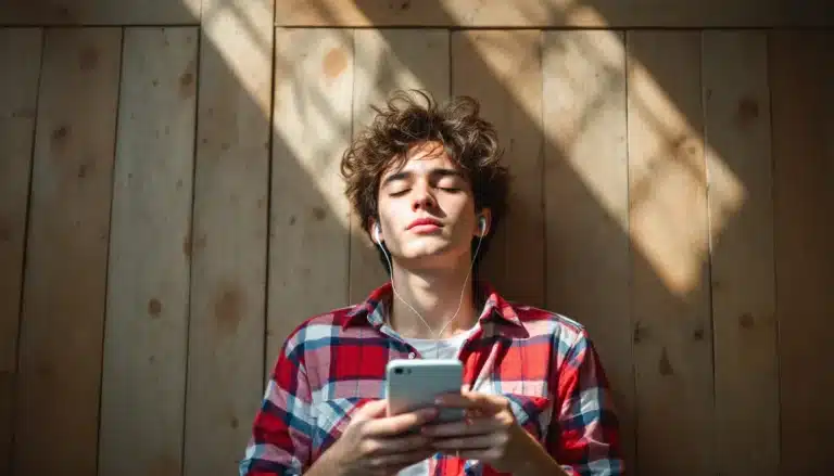 Teenager entspannt auf Holzboden mit Smartphone