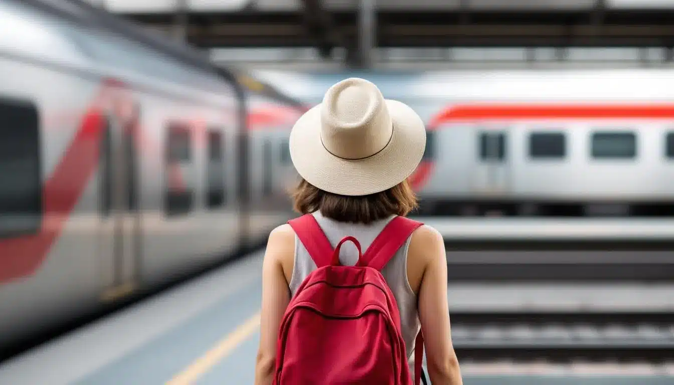 Ein Jugendlicher steht mit Gepäck am Bahnsteig, bereit für seine erste eigene Reise